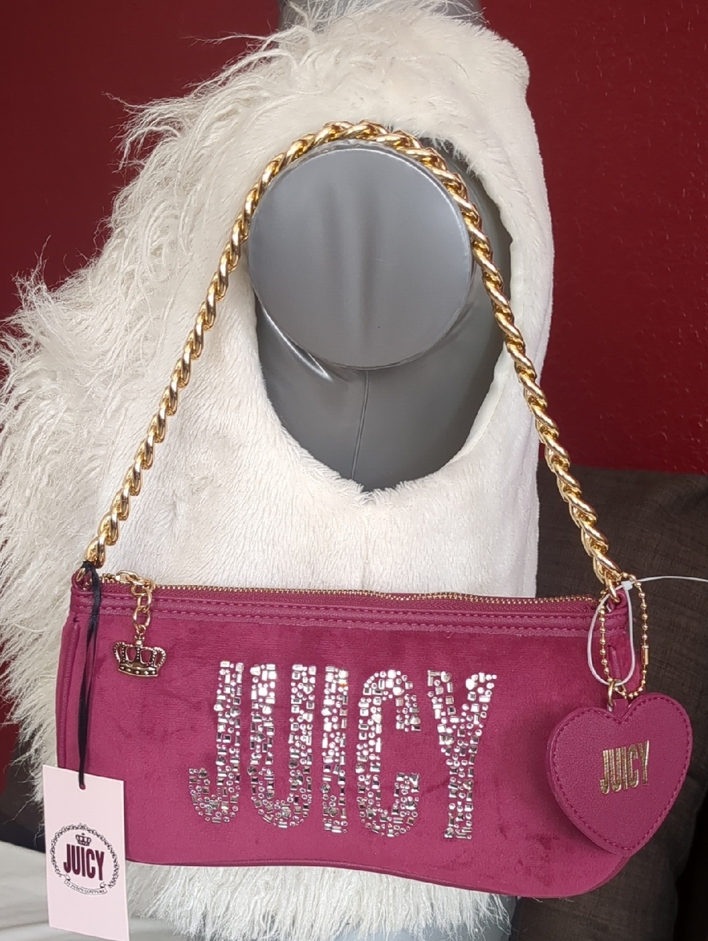 Juicy Couture Fuchsia Velvet Mini Shoulder Bag with Gold Chain